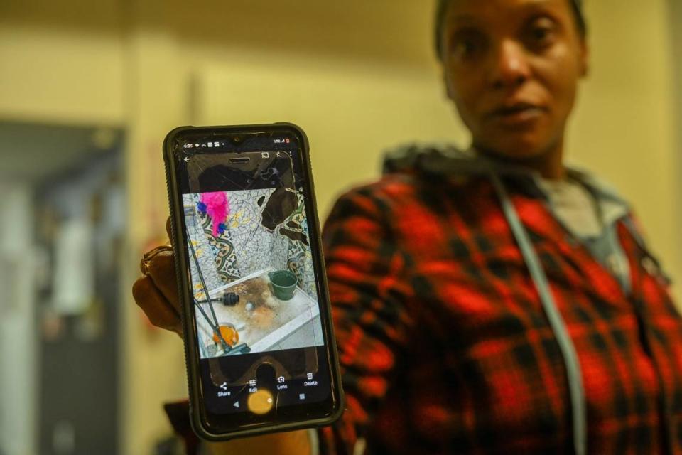Tanika Williams holds up her cellphone with a picture of the filthy condition of the shower at The Greens Hotel during a February press conference where she appeared with her daughter Makaila, 2. Her family was locked out of their room at the city-run homeless shelter.