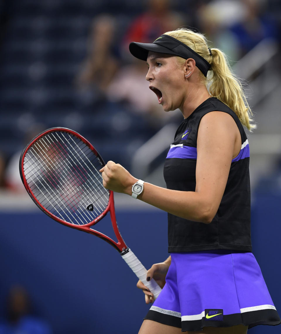 Donna Vekic, of Croatia, reacts after winning a points against Julia Goerges, of Germany, during the fourth round of the US Open tennis championships Monday, Sept. 2, 2019, in New York. (AP Photo/Sarah Stier)