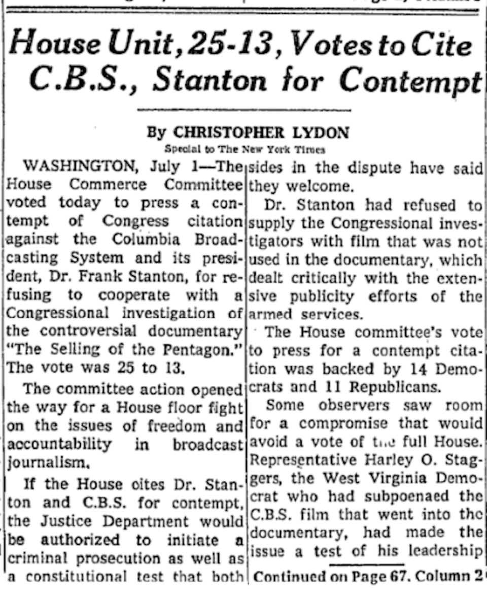 A front page story in The New York Times on July 2, 1971, with details about the conflict in Congress over the CBS documentary ‘The Selling of the Pentagon.’ <a href="https://timesmachine.nytimes.com/timesmachine/1971/07/02/issue.html" rel="nofollow noopener" target="_blank" data-ylk="slk:New York Times archive;elm:context_link;itc:0;sec:content-canvas" class="link ">New York Times archive</a>