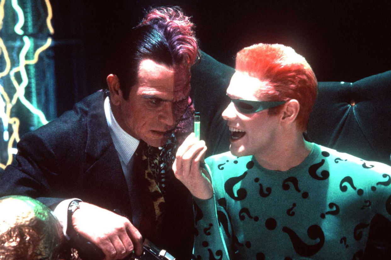 TWO-FACE (TOMMY LEE JONES) AND THE RIDDLER (JIM CARREY) CONSPIRE TO DESTROY BATMAN IN "BATMAN FOREVER" (Getty Images)