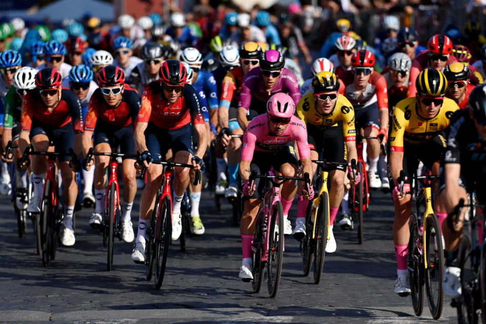 ROME ITALY  MAY 28 LR Laurens De Plus of Belgium and Team INEOS Grenadiers and Primo Rogli of Slovenia and Team JumboVisma  Pink Leader Jersey compete during the 106th Giro dItalia 2023 Stage 21 a 126km stage from Rome to Rome  UCIWT  on May 28 2023 in Rome Italy Photo by Tim de WaeleGetty Images