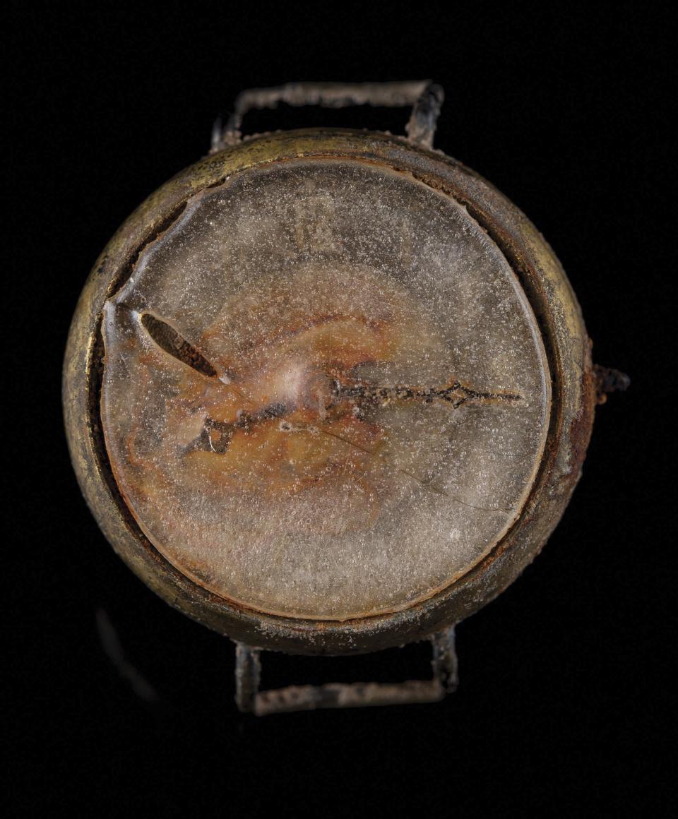 This photo provided by RR Auction shows a watch melted during the Aug.6, 1945 bombing of Hiroshima. The watch is frozen in time at the moment of detonation of the atomic bomb over the city during the closing days of World War ll, sold at auction Thursday, Feb. 22, 2024 for more than $31,000. (Nikki Brickett/RR Auction via AP)