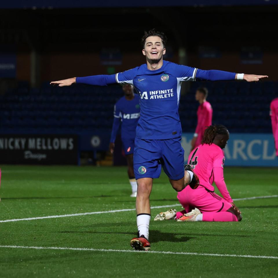 Leo Castledine celebrates scoring for Chelsea.