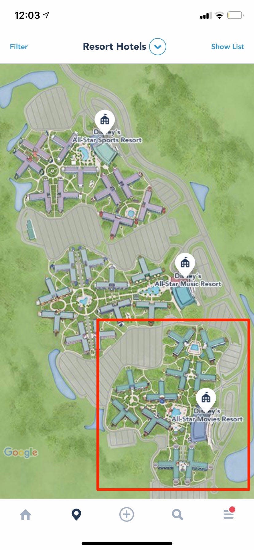 A map of Disney World's All-Star Resorts.
