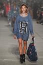 <p>Hailey Baldwin wore an oversized jumper with a capital 'H' on the front at the Tommy Hilfiger Spring 2017 Women's Runway Show<span class="redactor-invisible-space">, February 2017.</span></p>