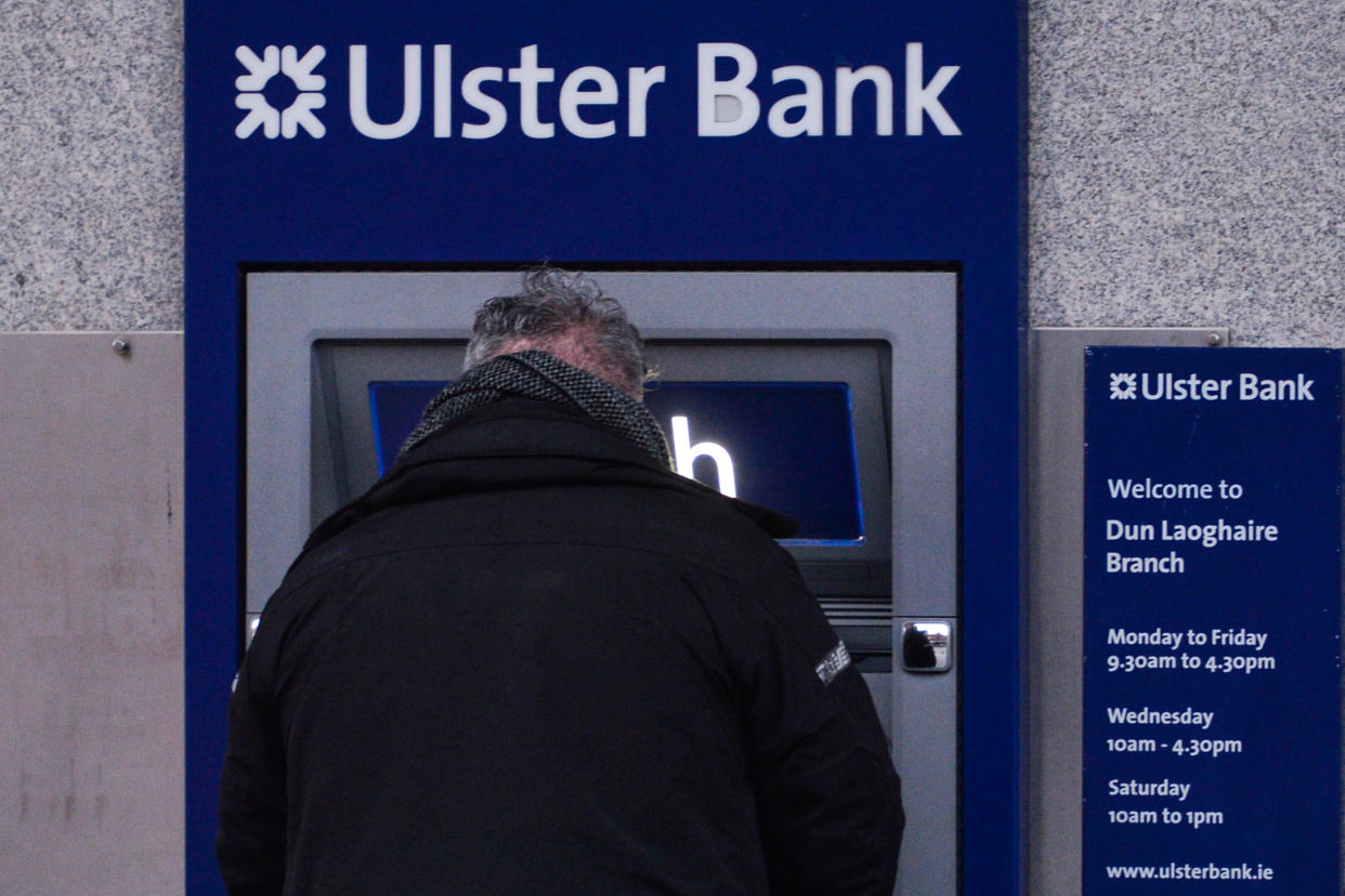 A man seen at an Ulster Bank ATM, in Dún Laoghaire area of Dublin, during Level 5 Covid-19 lockdown. 
On Thursday, February 11, 2021, in Dublin, Ireland. (Photo by Artur Widak/NurPhoto via Getty Images)