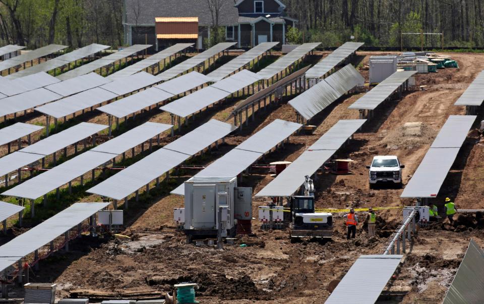 A solar power project underway near Hingham, Wisconsin. The Midwest has become a popular area for large-scale solar projects on land previously used for agriculture.
