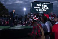 President Donald Trump speaks during a campaign rally at Pickaway Agricultural and Event Center, Saturday, Oct. 24, 2020, in Circleville, Ohio. (AP Photo/Evan Vucci)