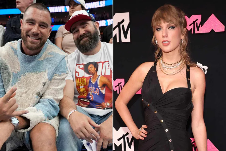 <p>Jesse D. Garrabrant/NBAE via Getty; Kevin Mazur/Getty </p> Travis and Jason Kelce and Taylor Swift