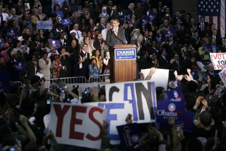 Democratic presidential hopeful Barack Obama speaking at a rally in Jersey City, N.J., Jan. 9, 2008. (Photo: Seth Wenig/AP)