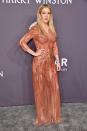 <p>This coral-toned embellished gown may just be Ellie’s best red carpet look so far. <i>[Photo: Getty]</i> </p>