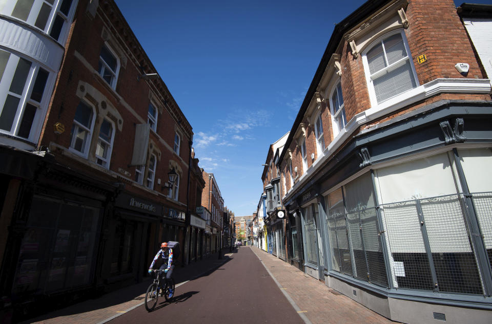 FILE - In this file photo dated April 17, 2020, showing empty streets in Leicester to help curb the spread of the coronavirus. The English city of Leicester is reported Sunday June 28, 2020, to be suffering from a spike in coronavirus cases, leading to speculation that the city could be subject to Britain's first local COVID-19 lockdown later this week. (Joe Giddens/PA via AP)