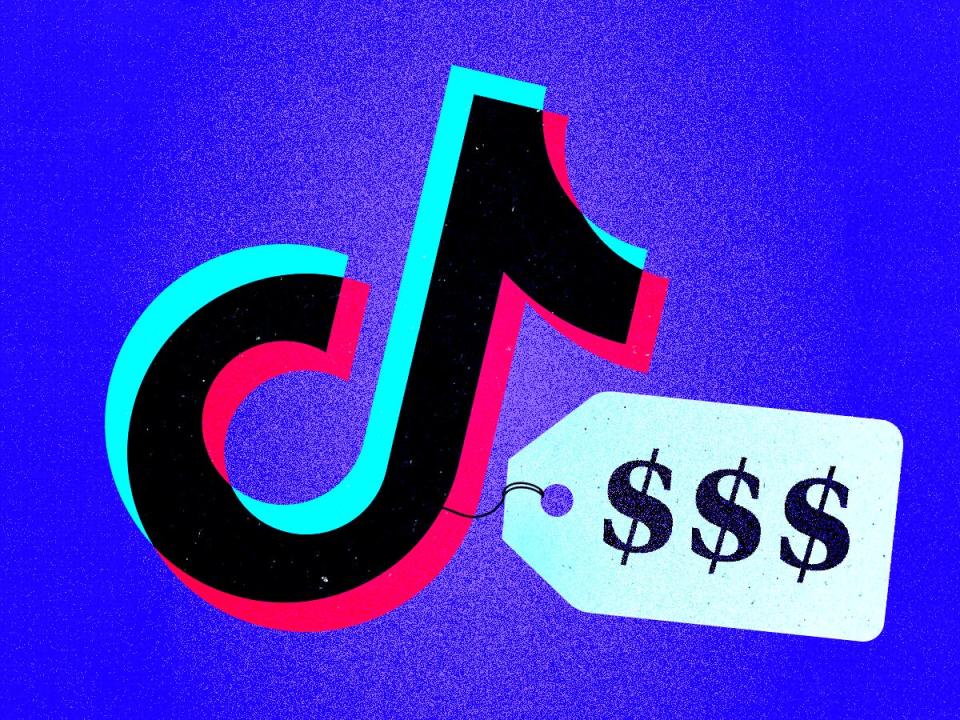 TikTok logo with price tag and three dollar signs