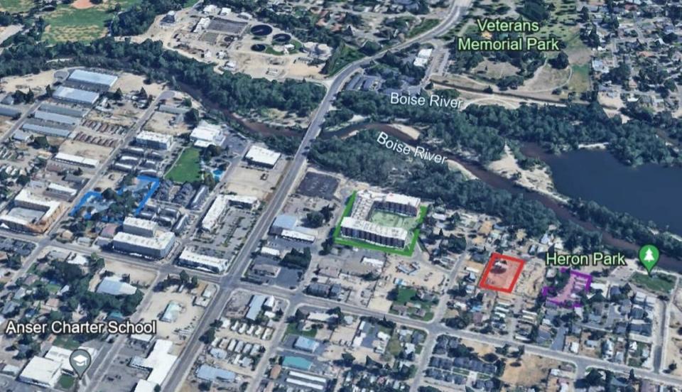 Several mobile home parks in Garden City have been, or will be, demolished to build luxury apartments along the Boise River Greenbelt from roughly 39th Street to 43rd Street. The Dee Mar Mobile Home Park, at left in blue, will become the Dee Mar Apartments while the Boardwalk Apartments, in center in green, is under construction at the site of a former mobile home park. The Carolyn Circle, in red, and Reed Multi-Family, in purple at right, developments are also being built over former mobile homes.