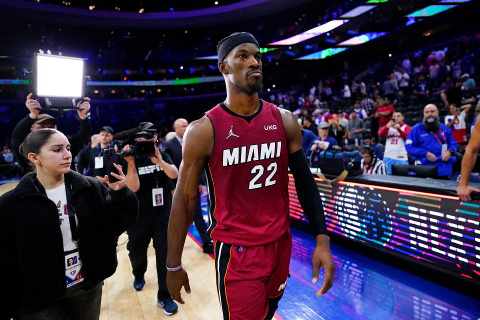 Miami Heat's Jimmy Butler walks off the court after winning Game 6 of an NBA basketball second-round playoff series against the Philadelphia 76ers, Thursday, May 12, 2022, in Philadelphia. (AP Photo/Matt Slocum)