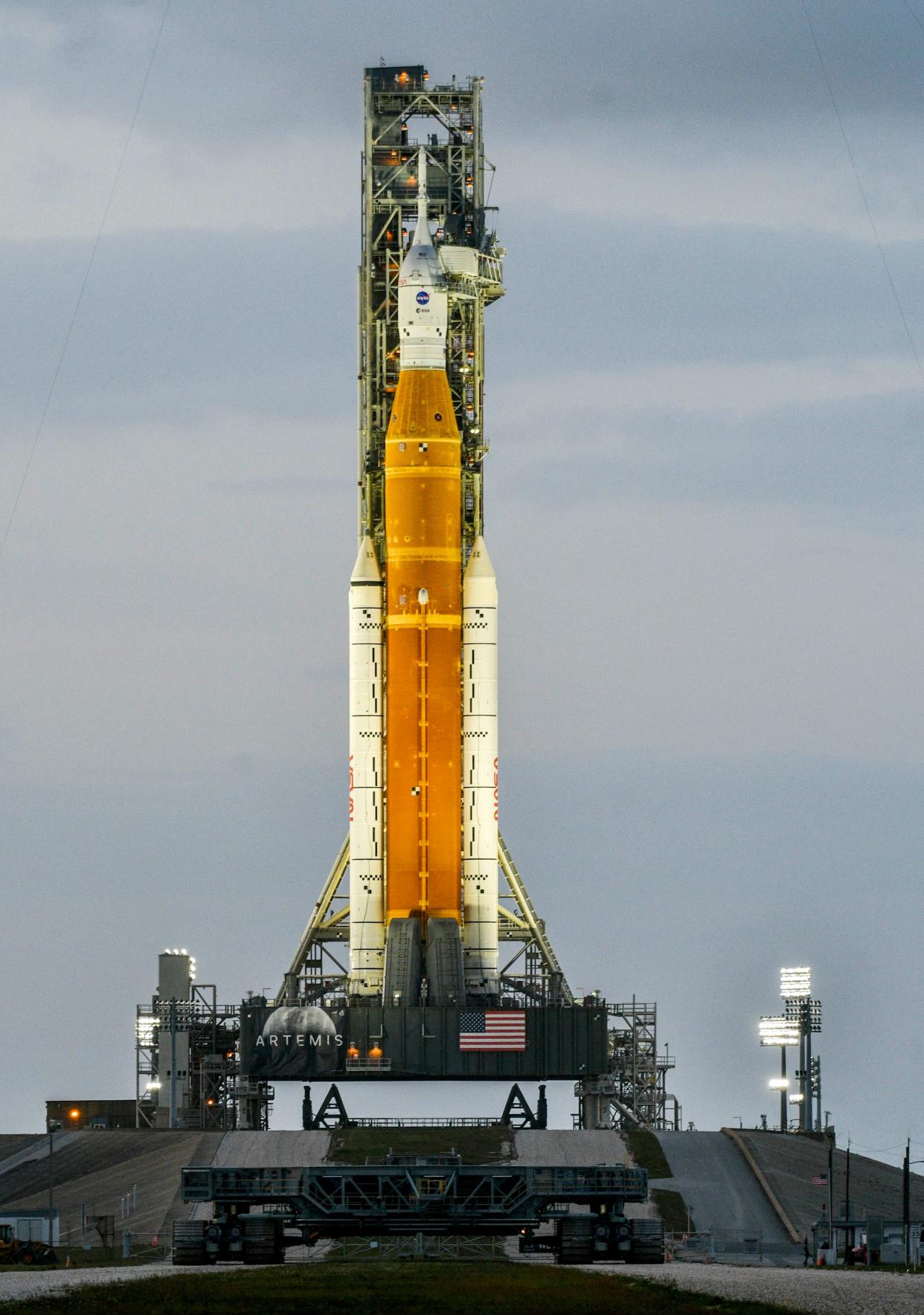 NASA's Space Launch System rocket is photographed on Pad 39B at Kennedy Space Center earlier this year. NASA is targeting late August to launch the giant rocket on an uncrewed lunar mission.