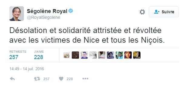 La ministre de l’Environnement, Ségolène Royal a fait part de sa solidarité avec les victimes.