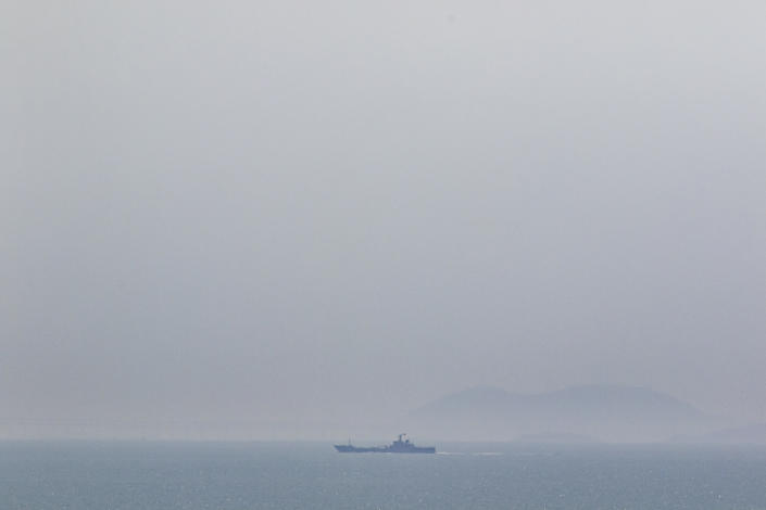 A Chinese naval ship near Dongju Island, Taiwan, April 10, 2023. (Lam Yik Fei/The New York Times)