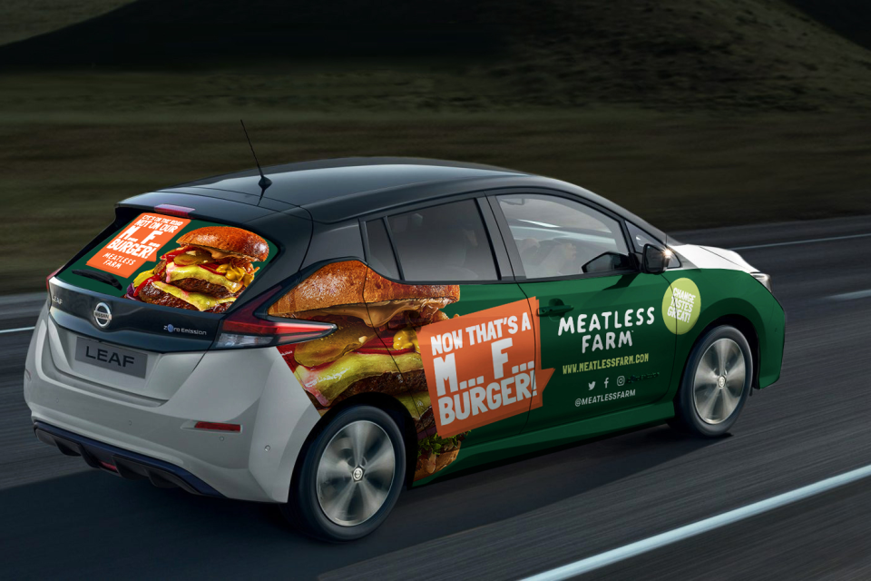 The campaign slogan will appear on 12 electric cars in London (Meatless Farm)