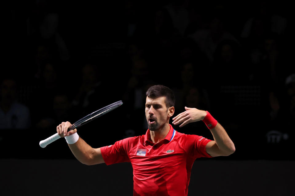 Novak Djokovic of Serbia reacts during the Semi-Final match against Italy in the Davis Cup Final at Palacio de Deportes Jose Maria Martin Carpena on November 25, 2023 in Malaga, Spain. (Photo by Giampiero Sposito/Getty Images)