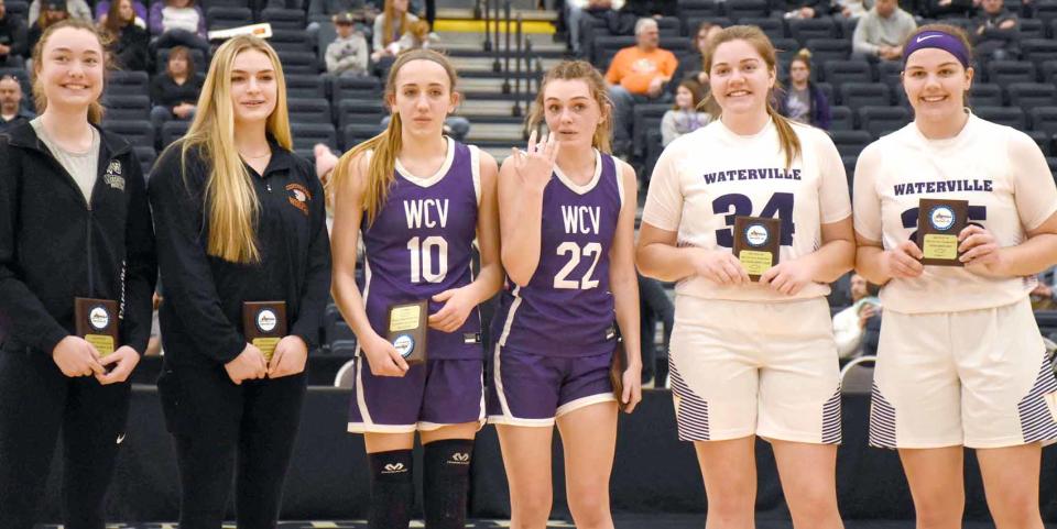 Weedsport's Sarah Carroll, Cooperstown's Dani Seamon, West Canada Valley's Lydia Reimer and Reese Fellows, and Eleanore Collins from Waterville (from left) were selected for Section III's Class C tournament all-star team, and Waterville's Natalee Collins (right) was the most valuable player. Fellows and the Collins sisters are also among the Class C all-state honorees.