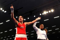 Mary Spencer of Canada reacts after defeating Franchon Crews of the United States in the 75kg quarterfinal bout on Day Nine of the XVI Pan American Games at the Expo Guadalajara Boxing Arena on October 23, 2011 in Guadalajara, Mexico. (Photo by Scott Heavey/Getty Images)