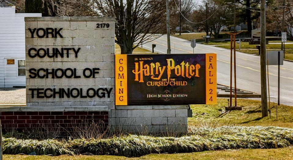 The York County School of Technology electronic sign along South Queen Street advertises the 1st PA performance of 'Harry Potter and the Cursed Child.'