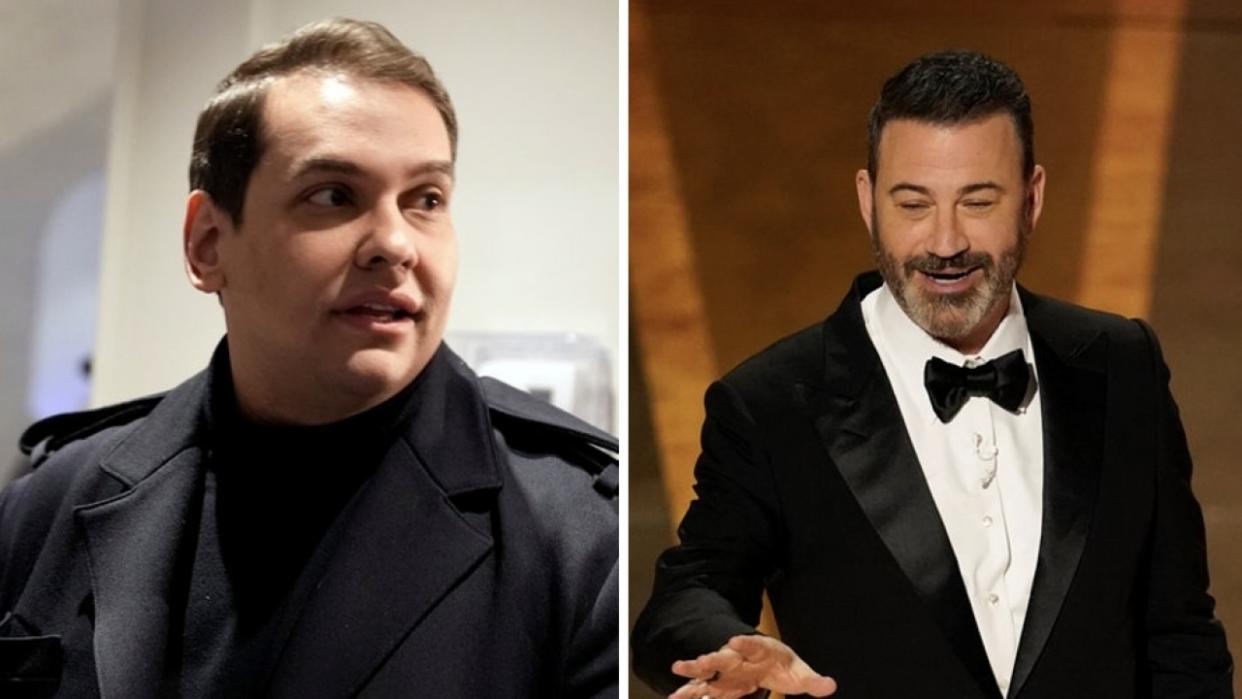 Combination photo shows former Rep. George Santos, left, and television host Jimmy Kimmel.