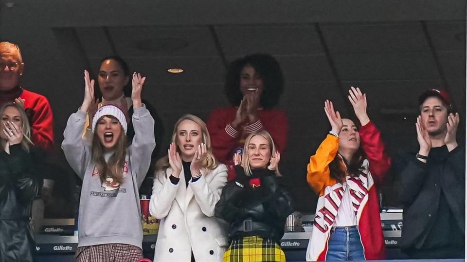 Dec 17, 2023; Foxborough, Massachusetts, USA; Pop star Taylor Swift react as the Kansas City Chiefs score against the New England Patriots in the second quarter at Gillette Stadium. Mandatory Credit: David Butler II-USA TODAY Sports