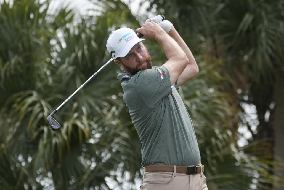 Chris Kirk hits from the eighth tee during the first round of the Cognizant Classic golf tournament, Thursday, Feb. 29, 2024, in Palm Beach Gardens, Fla. (AP Photo/Marta Lavandier)