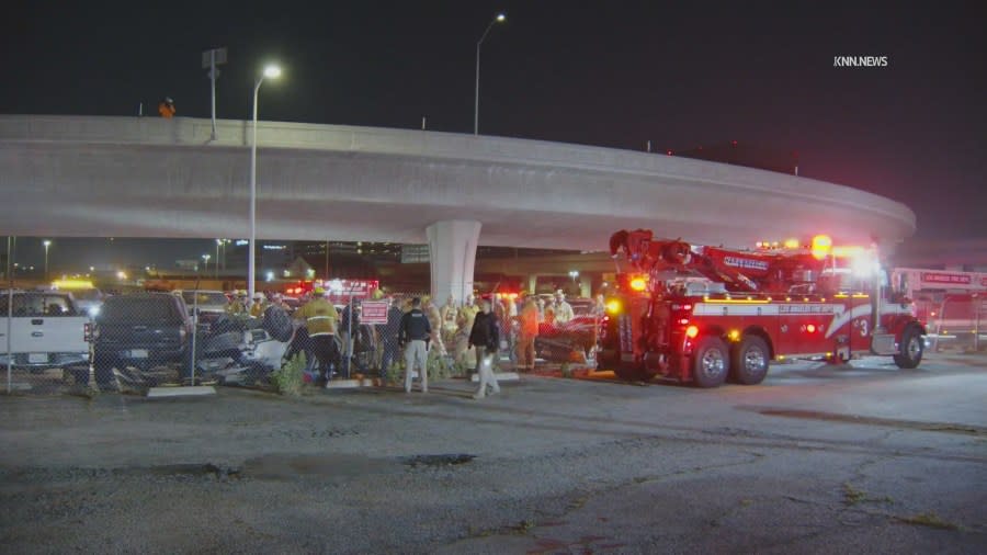 Two people were killed and another seriously hurt after two vehicles flew off an exit ramp and into a Los Angeles International Airport parking lot on Saturday, June 22, 2024. (KNN)