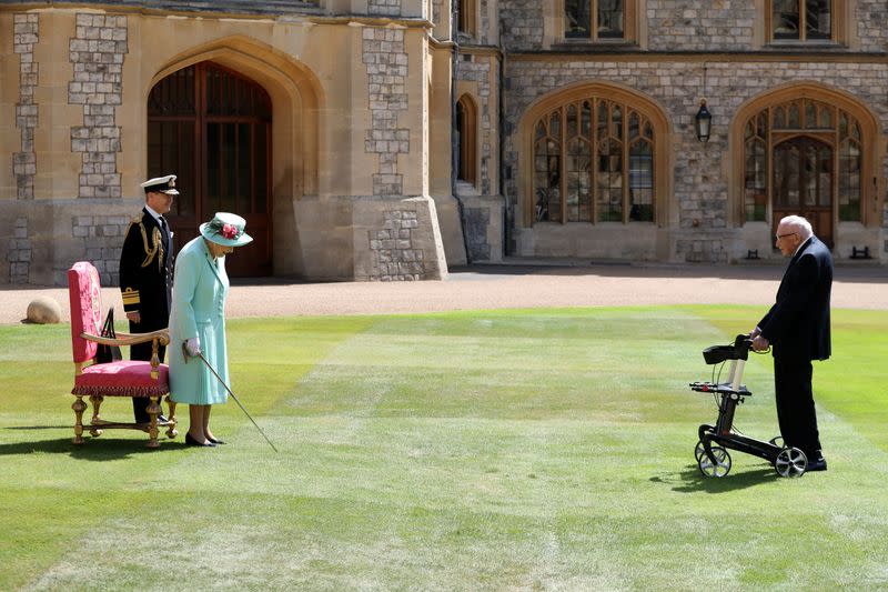 Fundraising UK veteran Captain Tom receives knighthood from Britain's Queen Elizabeth at Windsor Castle