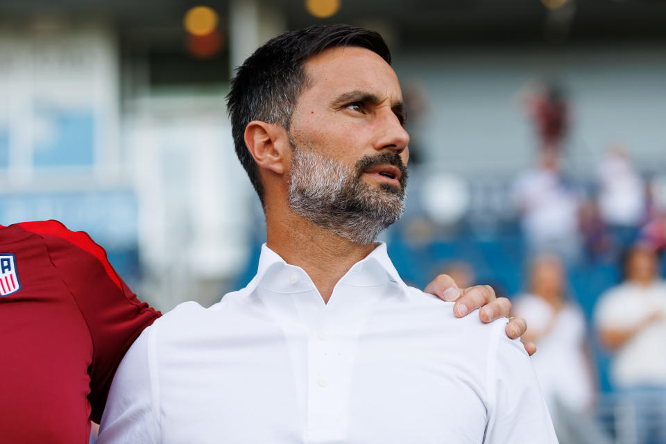 KANSAS CITY, KANSAS - JUNE 11: Marko Mitrovic of the United States U23 sings the national anthem before an under 23 game between Japan and the USMNT at Children's Mercy Park on June 11, 2024 in Kansas City, Kansas.  (Photo by Andrea Vilchez/ISI Photos/USSF/Getty Images for USSF)