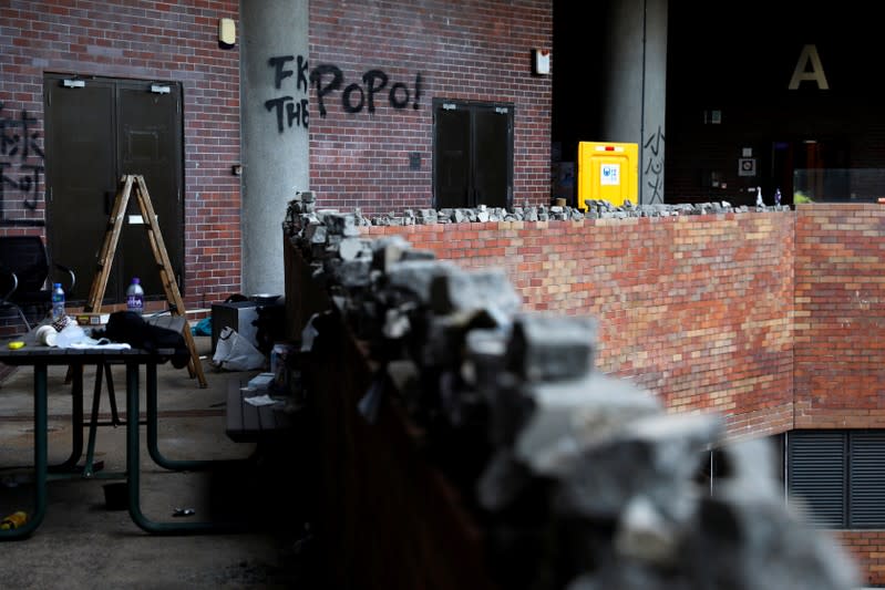 Graffiti is seen at Hong Kong Polytechnic University (PolyU) in Hong Kong, China