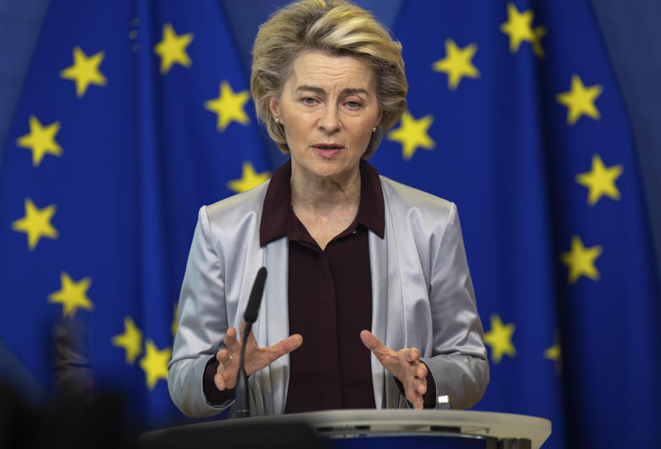 European Commission President Ursula von der Leyen delivers a statement at EU headquarters in Brussels, Tuesday, Nov. 24, 2020. The European Commission announced on Tuesday that it has approved a new contract to secure another COVID-19 vaccine for Europeans. (AP Photo/Olivier Matthys, Pool)