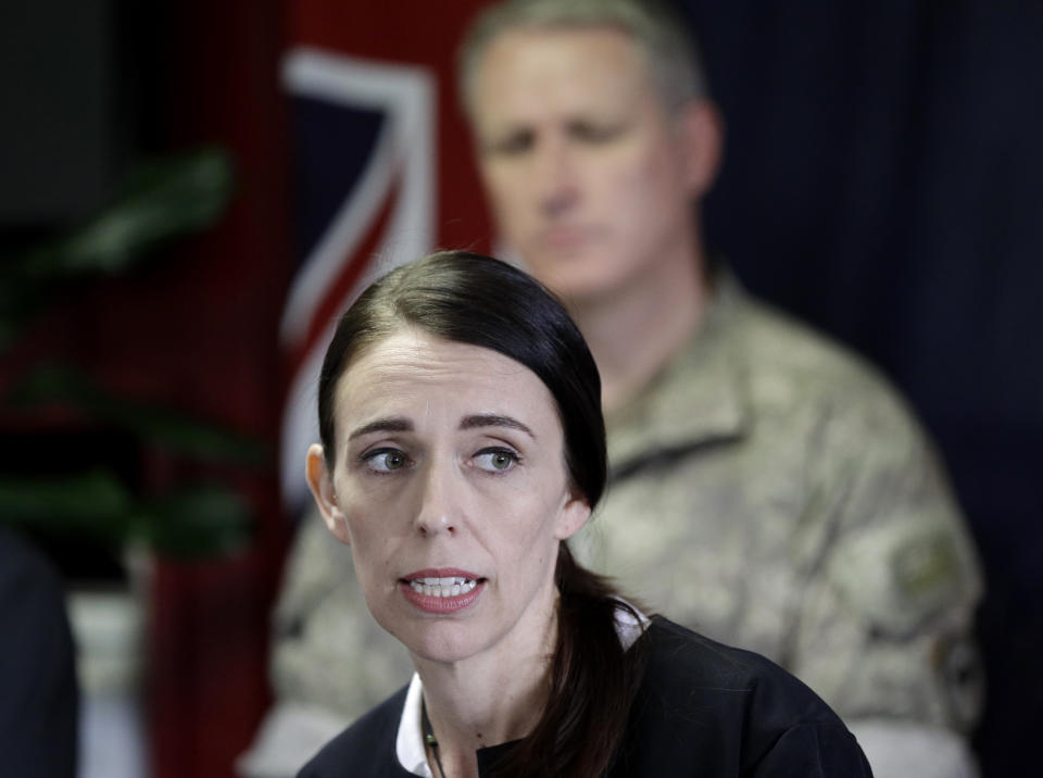 New Zealand Prime Minister Jacinda Ardern addresses a press conference following the recovery operation to return the victims of the Dec. 9 volcano eruption off the coast of Whakatane New Zealand, Friday, Dec. 13, 2019. A team of eight New Zealand military specialists landed on White Island early Friday to retrieve the bodies of victims after the Dec. 9 eruption. (AP Photo/Mark Baker)