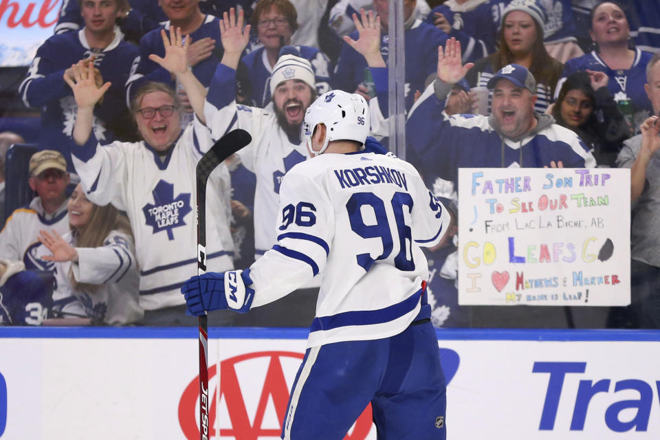 Toronto Maple Leafs forward Egor Korshkov (96) celebrates his goal during the second period of the team's NHL hockey game against the Buffalo Sabres, Sunday, Feb. 16, 2020, in Buffalo, N.Y. (AP Photo/Jeffrey T. Barnes)