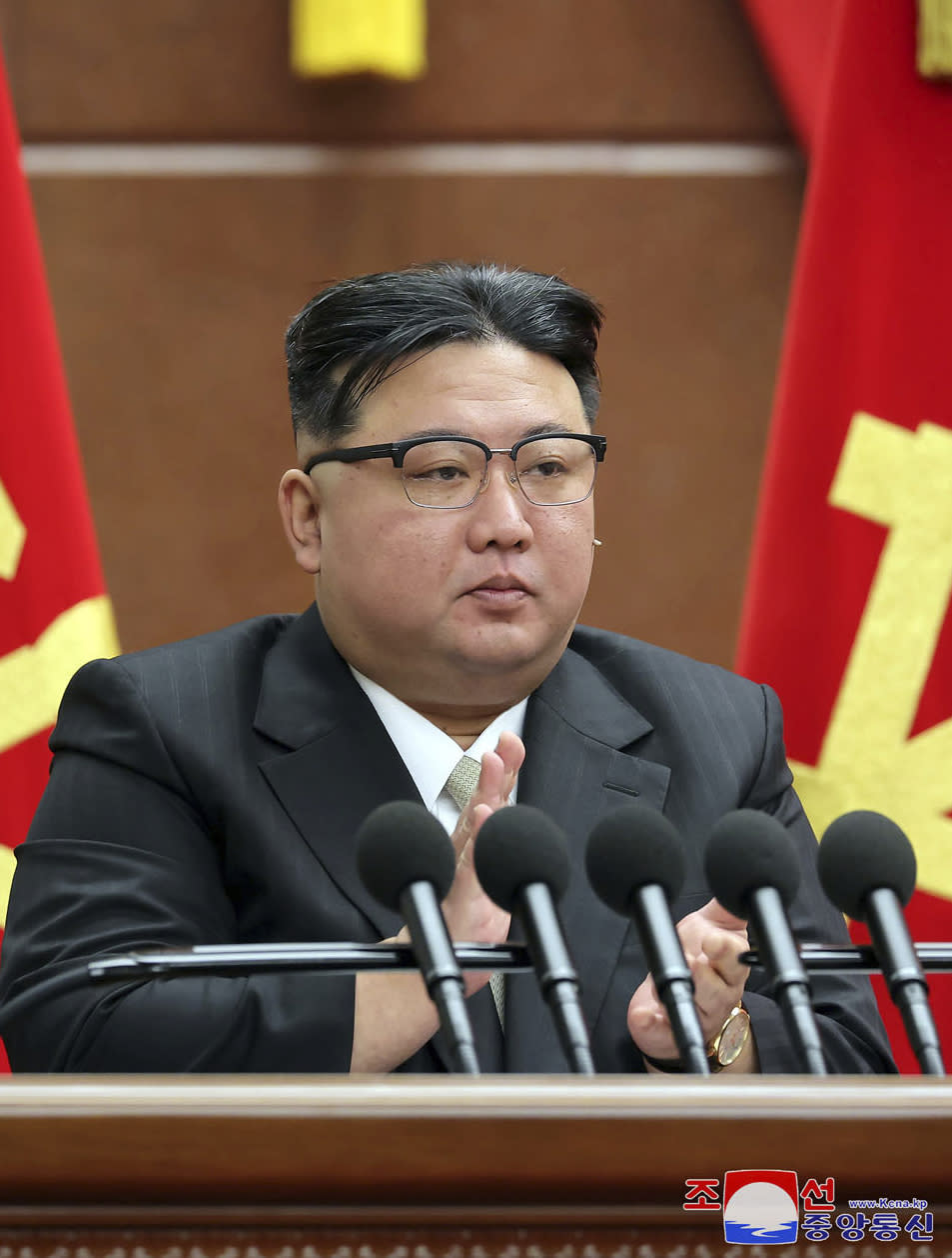 In this photo provided by the North Korean government, North Korean leader Kim Jong Un claps hands during a year-end plenary meeting of the ruling Workers’ Party in Pyongyang, North Korea, Tuesday, Dec. 26, 2023. Kim praised what he called achievements and victories that strengthened national power and boosted the country's prestige this year, as he opened a key political meeting to set new policy goals for 2024, state media reported Wednesday. Independent journalists were not given access to cover the event depicted in this image distributed by the North Korean government. The content of this image is as provided and cannot be independently verified. Korean language watermark on image as provided by source reads: "KCNA" which is the abbreviation for Korean Central News Agency. (Korean Central News Agency/Korea News Service via AP)