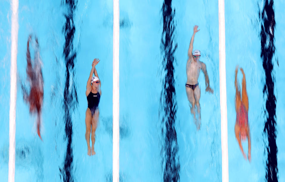 Swimmers train in the pool at La Défense Arena on Thursday. (Al Bello/Getty Images)