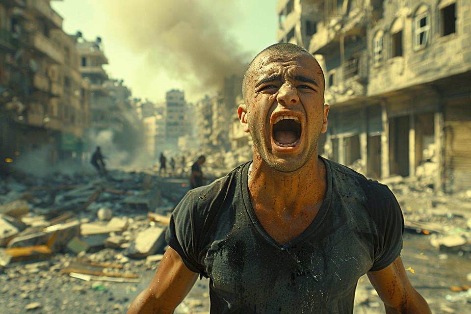 Create an image featuring a young Syrian man wirth bald head in his twenties, dressed with black t-shirt. hestands amidst the rubble of Syria, his expression is contorted with anger as he shouts at someone, gesturing with his hand towards the destruction around him. The background should be filled with dense smoke, casting the scene in an eerie light. Remnants of buildings and debris should be visible in the background. The light breaking through the smoke should cast dramatic shadows on her face, intensifying the passion of her words. The image should have a cinematic quality, as if ripped from a film still, capturing the moment where anger and determination collide on a battlefield of ideas. --chaos 40 --ar 3:2 --style raw --stylize 400 Job ID: 7a43bae3-8ced-498d-a151-fe3af9dc9aeb