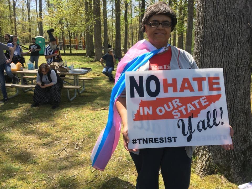 Marisa Richmond at&nbsp;a protest against the white nationalist group American Renaissance on April 28, 2018. (Photo: Christopher Mathias HuffPost)