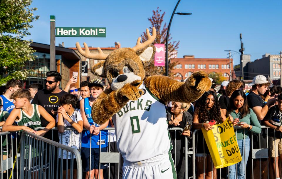 Bango the Bucks mascot wears a Damian Lillard jersey and greets fans at the Milwaukee Bucks welcome rally for the newest Bucks player on Saturday September 30, 2023 at the Fiserv Forum plaza in Milwaukee, Wis.