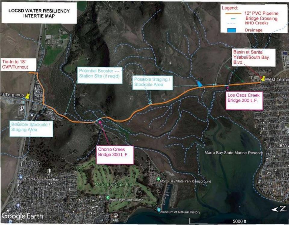 A conceptual project map for constructing a pipeline from Los Osos to the Chorro Valley pipeline. The orange line indicates the potential pipeline.