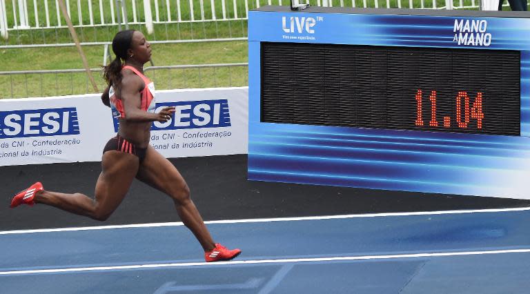 Veronica Campbell-Brown competes in an exhibition race at Jockey Club in Rio de Janeiro on April 19, 2015