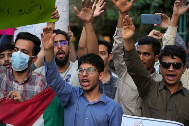 PHOTO: A group of students during their gathering to condemn President Biden's tour to the Middle East, July 16, 2022, in Tehran, Iran. (Vahid Salemi/AP)