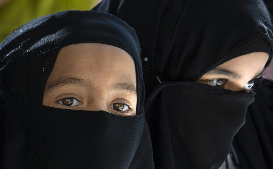 Young Muslim girls take part in a prayer service near the University California, Irvine pro-Palestinian encampment on Monday, May 6, 2024, in Irvine, Calif. (Mindy Schauer/The Orange County Register via AP)