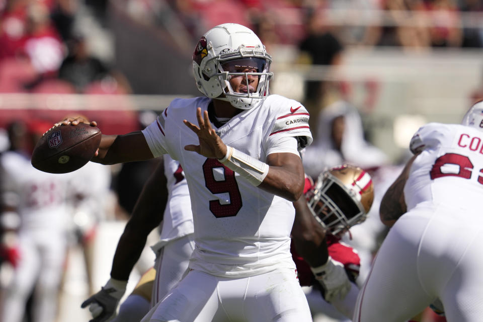 Arizona Cardinals quarterback Joshua Dobbs (9) passes against the San Francisco 49ers during the first half of an NFL football game in Santa Clara, Calif., Sunday, Oct. 1, 2023. (AP Photo/Godofredo A. Vásquez)