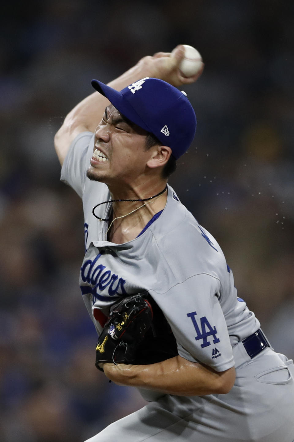 Los Angeles Dodgers pitcher Kenta Maeda works against a San Diego Padres batter during the sixth inning of a baseball game Tuesday, Sept. 24, 2019, in San Diego. (AP Photo/Gregory Bull)