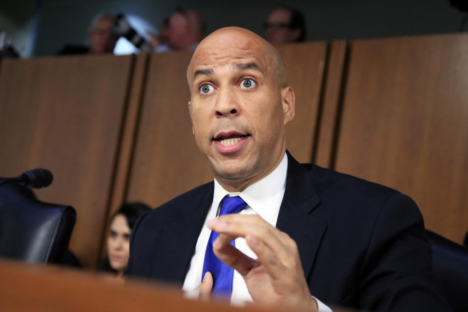 In this Sept. 4, 2018, photo, Senate Judiciary Committee member Sen. Cory Booker, D-N.J. speaks during the committee's Supreme Court nominee Brett Kavanaugh's nominations hearing on Capitol Hill in Washington. Bookerhas released a new batch of "committee confidential" documents about Kavanaugh, even after a conservative judicial group referred his earlier disclosures to the Senate Ethics Committee. The documents released Sept. 12 show Kavanaugh's involvement in President George W. Bush-era judicial nominations, including some that were controversial. Judicial Watch wants the Ethics Committee to investigate as a possible violation of Senate rules. (AP Photo/Manuel Balce Ceneta)
