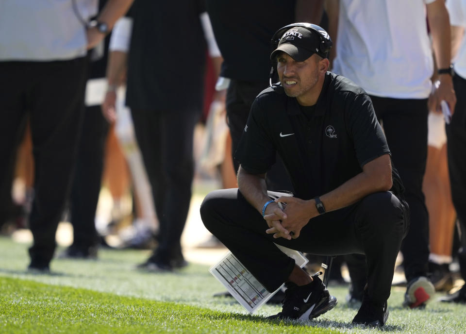 Iowa State head coach Matt Campbell looks on during the first half of an NCAA college football game against Northern Iowa, Saturday, Sept. 2, 2023, in Ames, Iowa. (AP Photo/Matthew Putney)